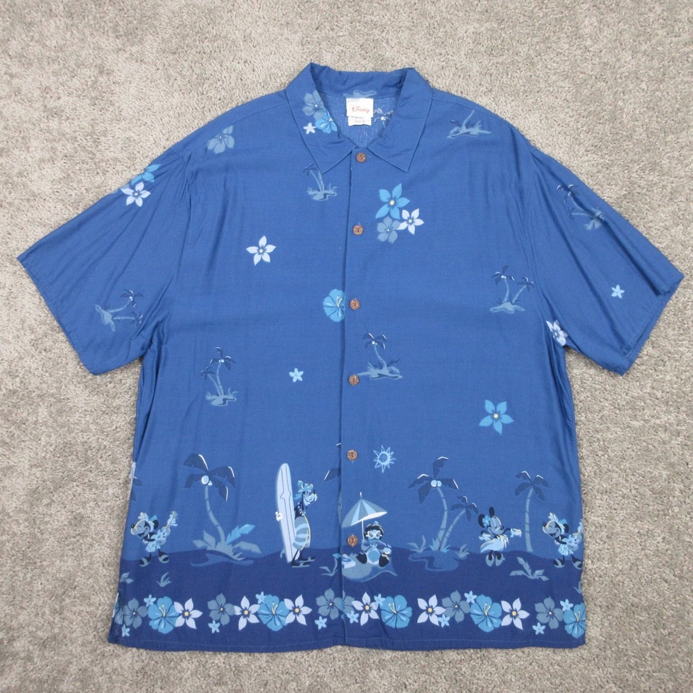 Vintage Disney Shirt Mens Large Blue Aloha Hawaiian Mickey Mouse‎ Rayon Graphic